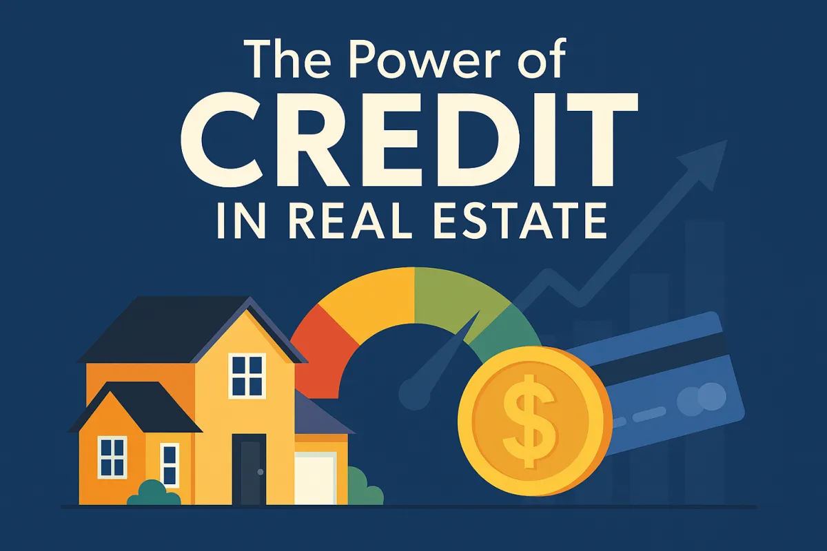 Illustration depicting the power of credit in real estate, featuring a yellow house, a credit score gauge, a credit card, a gold dollar coin, and upward graph lines—all set against a dark blue background with bold title text.