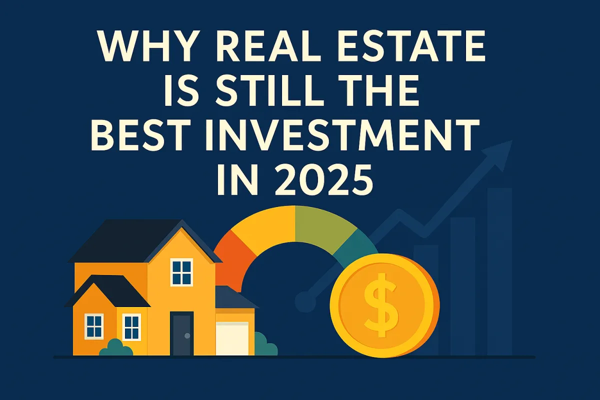 Flat-style digital illustration showing a house, upward-trending investment graph, and dollar symbols—representing real estate as a top investment in 2025.