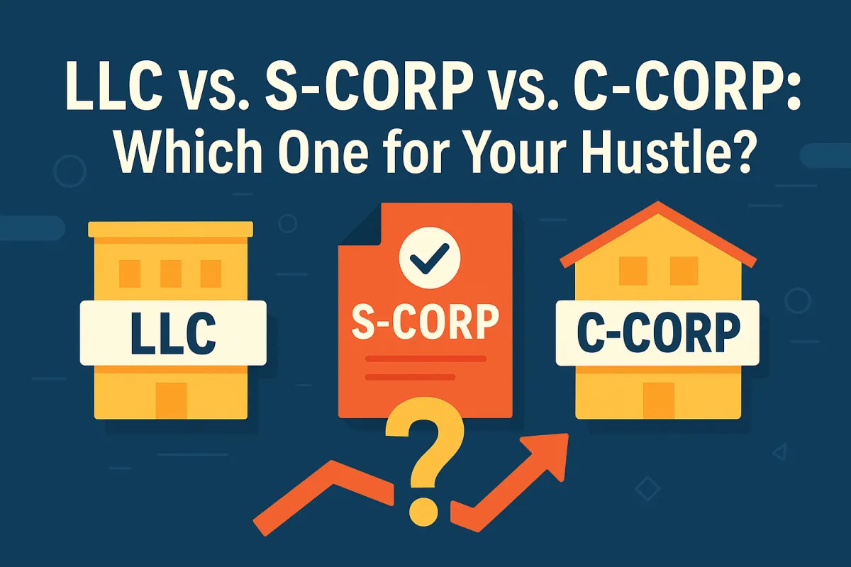 Illustration of an entrepreneur choosing between LLC, S-Corp, and C-Corp with real estate and tax elements in the background.