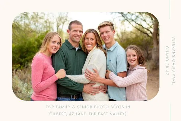 Family of five smiling during a sunset portrait session at Veterans Oasis Park in Chandler, AZ — a top East Valley location for family and senior photos