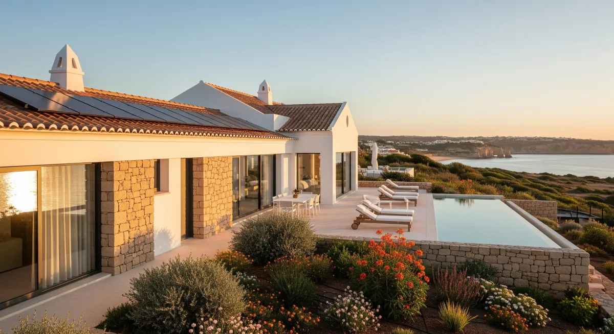 Moradia de luxo em Portugal com design sustentável, combinando arquitetura moderna e tradicional com vista para o mar, representando a qualidade de vida e as tendências de investimento imobiliário.