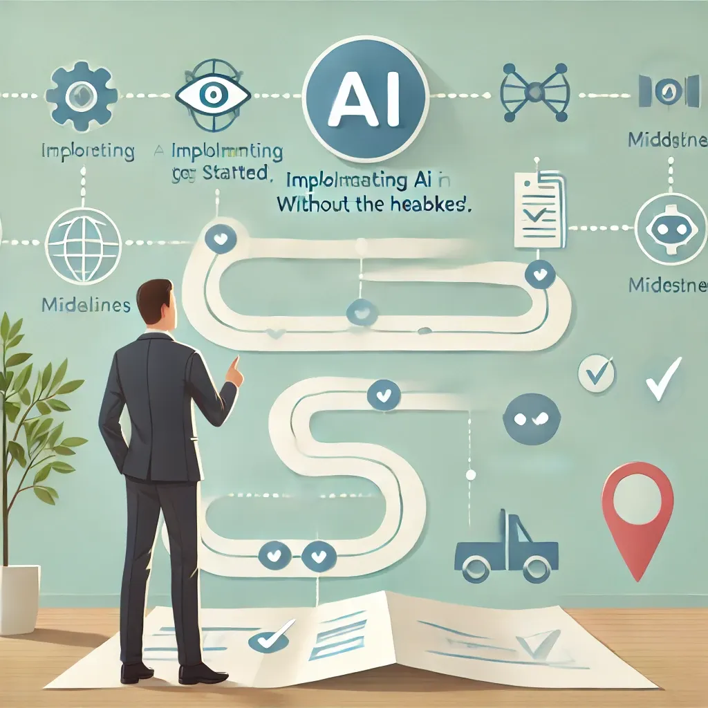 Business professional looking at a clear roadmap with AI icons, milestones, and checkmarks, symbolizing a straightforward, step-by-step approach to implementing AI in sales. The background is light and uncluttered, conveying simplicity and ease.