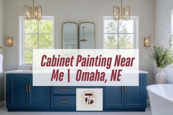 blue cabinet with a caption  Cabinet Painting Near Me   Omaha, NE