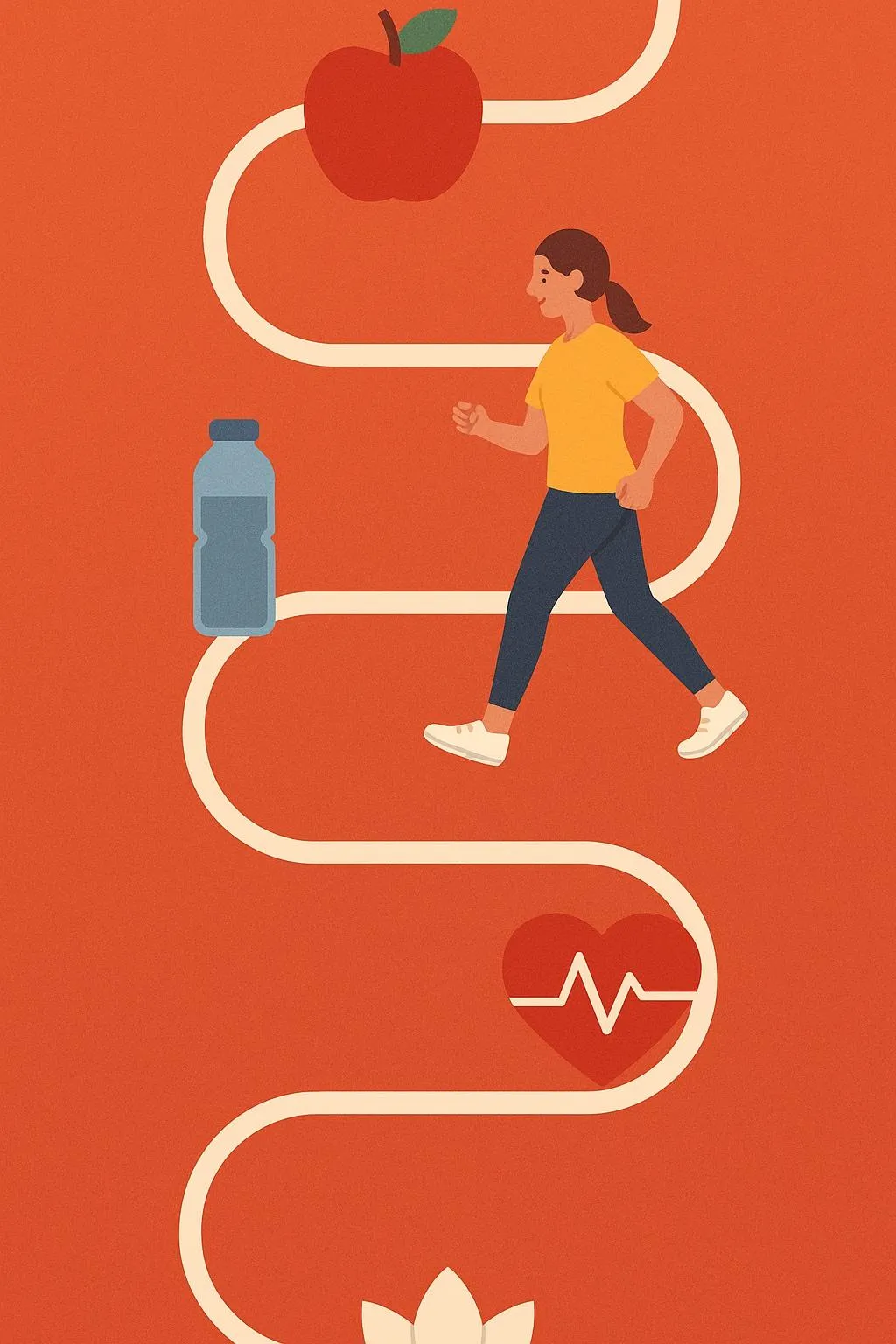 Vertical digital illustration of a health and wellness journey on an orange background, featuring a winding cream-colored path. Along the path are icons representing healthy living: a red apple, a woman walking in a yellow shirt and blue pants, a blue water bottle, a red heart with an ECG line, and a white lotus flower at the bottom.