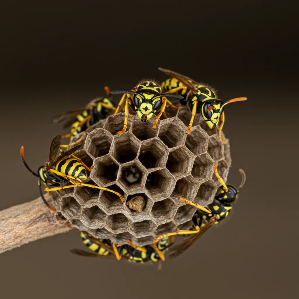 Close-up photo of an active wasp nest with several wasps crawling on the surface, showing typical fall pest activity in Bentonville, Arkansas