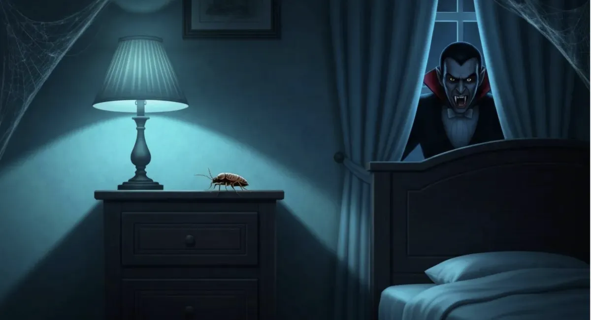 Cartoon vampire peering through a bedroom window at a northwest arkansas bed bug on a nightstand, illustrating a humorous Halloween comparison between vampires and bed bugs