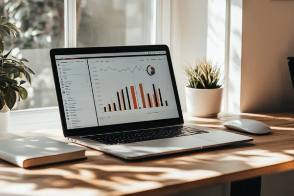 Sunlit modern office with MacBook and floating AI assistant icons, minimalist workspace design