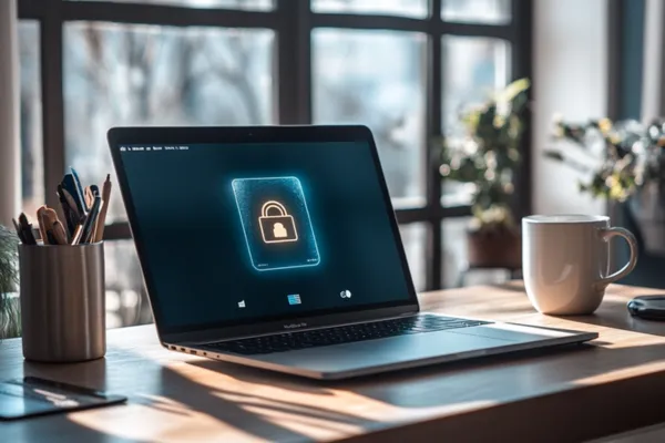 Professional workspace with MacBook Pro displaying privacy shield icon, natural sunlight illuminating a minimalist desk setup with artisanal coffee and symbolic padlock representing digital security and data protection measures for modern businesses