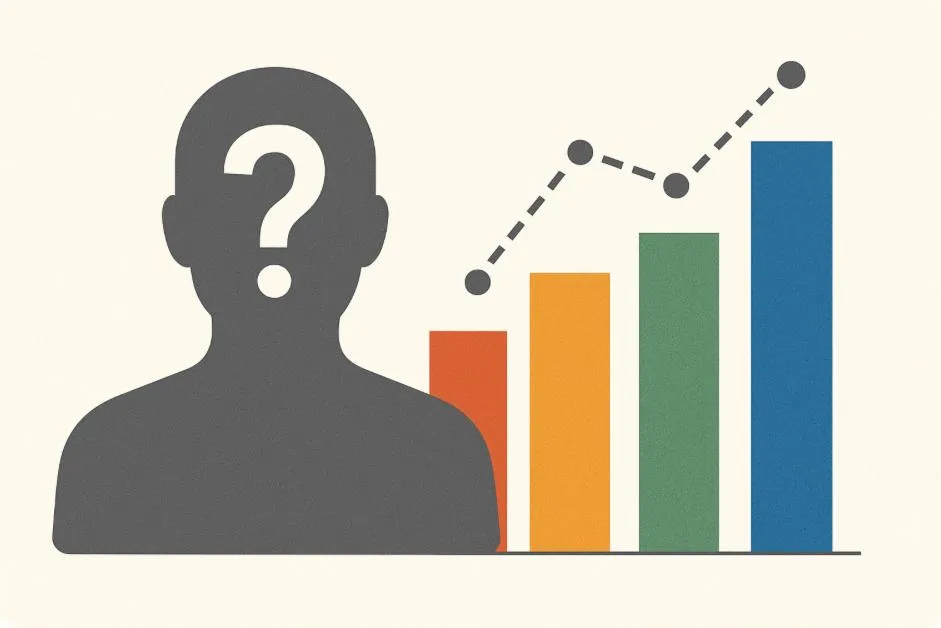 Gray silhouette with a question mark over the face next to colorful bar and line charts, symbolizing unclear buyer personas and data-driven insights.