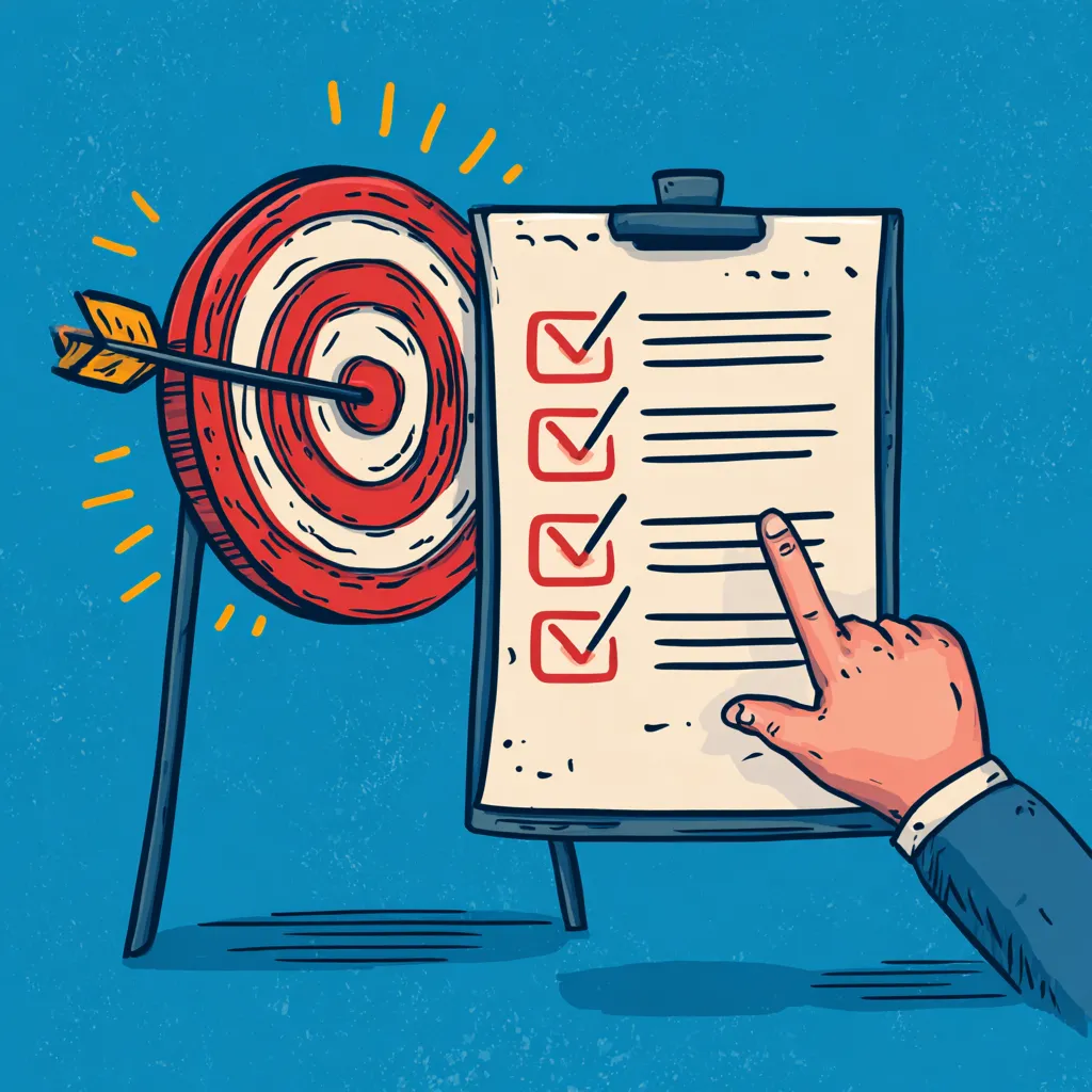 Illustration of a red-and-white bullseye target with an arrow in the center beside a checklist on a clipboard, symbolizing finding your true target audience using real consumer behavior insights and a simple step-by-step guide from the Buyer Clarity System™.