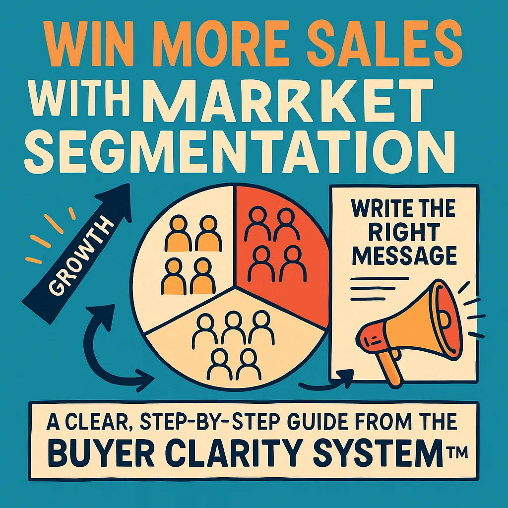 Infographic showing market segmentation with a pie chart divided into audience groups, a megaphone symbolizing tailored messaging, and arrows pointing toward business growth. Designed as a step-by-step guide from the Buyer Clarity System™ to help small businesses win more sales.