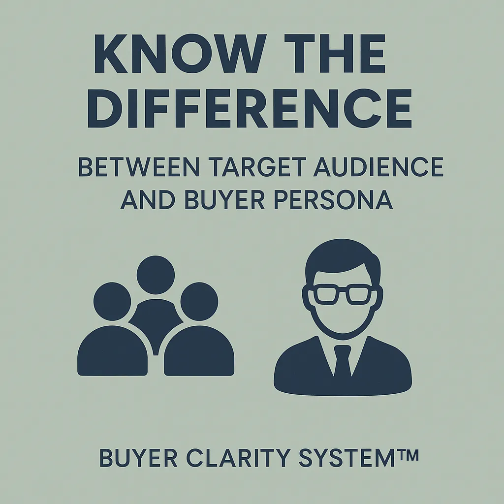 Know the difference between target audience and buyer persona — minimalist cover with navy group and individual icons on a sage background; Buyer Clarity System™.