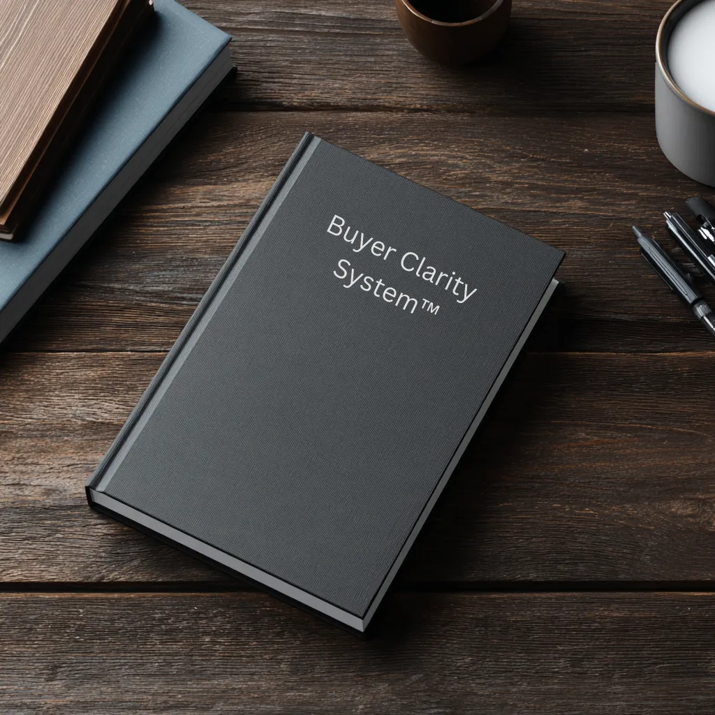 A minimalist book cover design featuring a clean, modern typeface and an abstract visual element symbolizing clarity, focus, and target audience definition. The cover conveys a sense of simplicity, professionalism, and strategic value for the reader, using a muted color palette with warm accents to cultivate trust and authority. The design incorporates cues hinting at the systematic, step-by-step nature of the "Buyer Clarity System" framework.