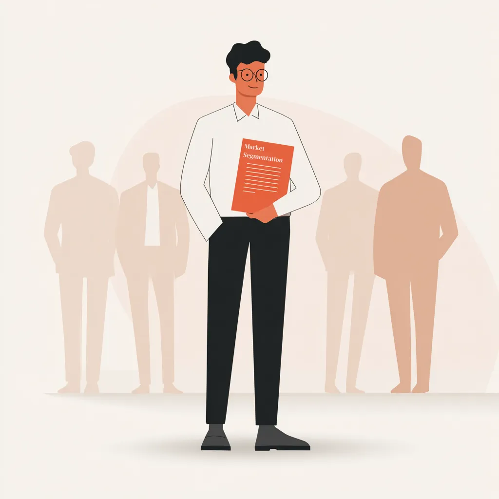 A confident business professional holding a document labeled 'Market Segmentation Playbook', standing in front of silhouettes of competitors, with one being slightly smaller and faded. The text overlay reads: 'Beat rivals with market segmentation. Pick a hot target audience, find blind spots, and launch wedge offers that win. A simple, deep playbook from the Buyer Clarity System™.'