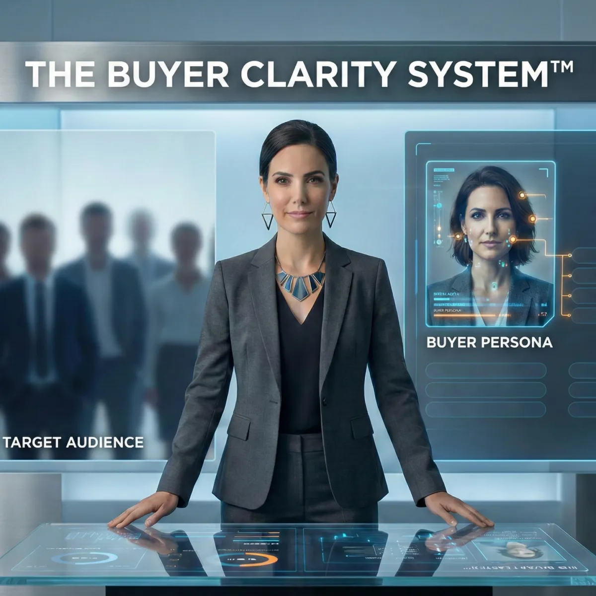 Confident businesswoman standing between a blurred target audience and a detailed buyer persona profile, presenting The Buyer Clarity System™ using a sleek digital interface in a modern, tech-driven setting.