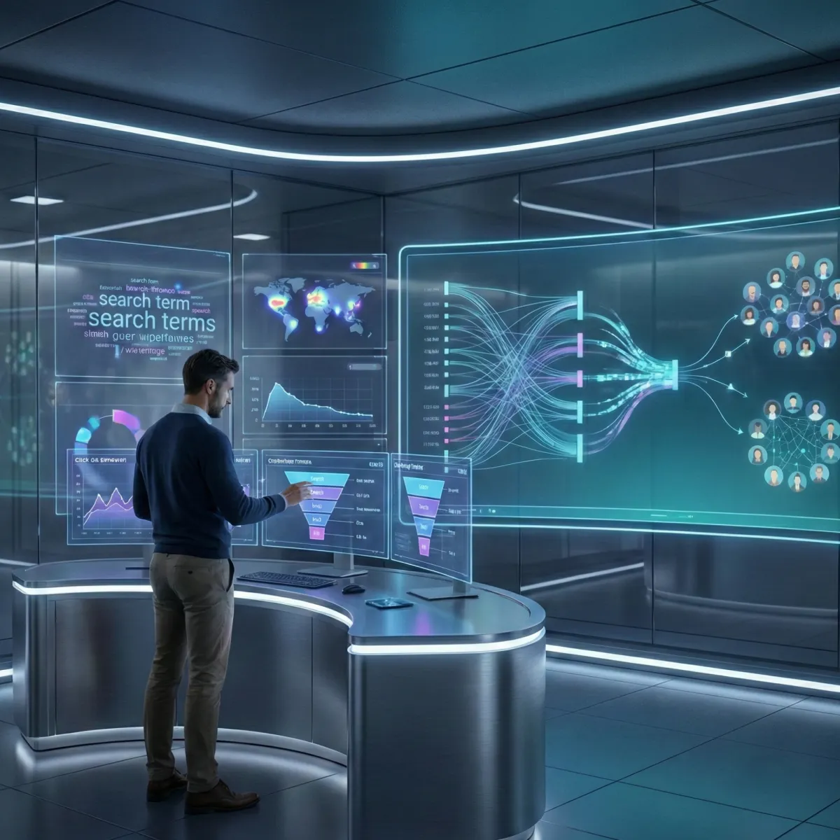 Man in a futuristic digital workspace analyzing consumer behavior data on multiple holographic screens, including search terms, click heatmaps, funnel charts, and user segmentation flows, representing the process of refining a target audience using real-time behavioral insights.