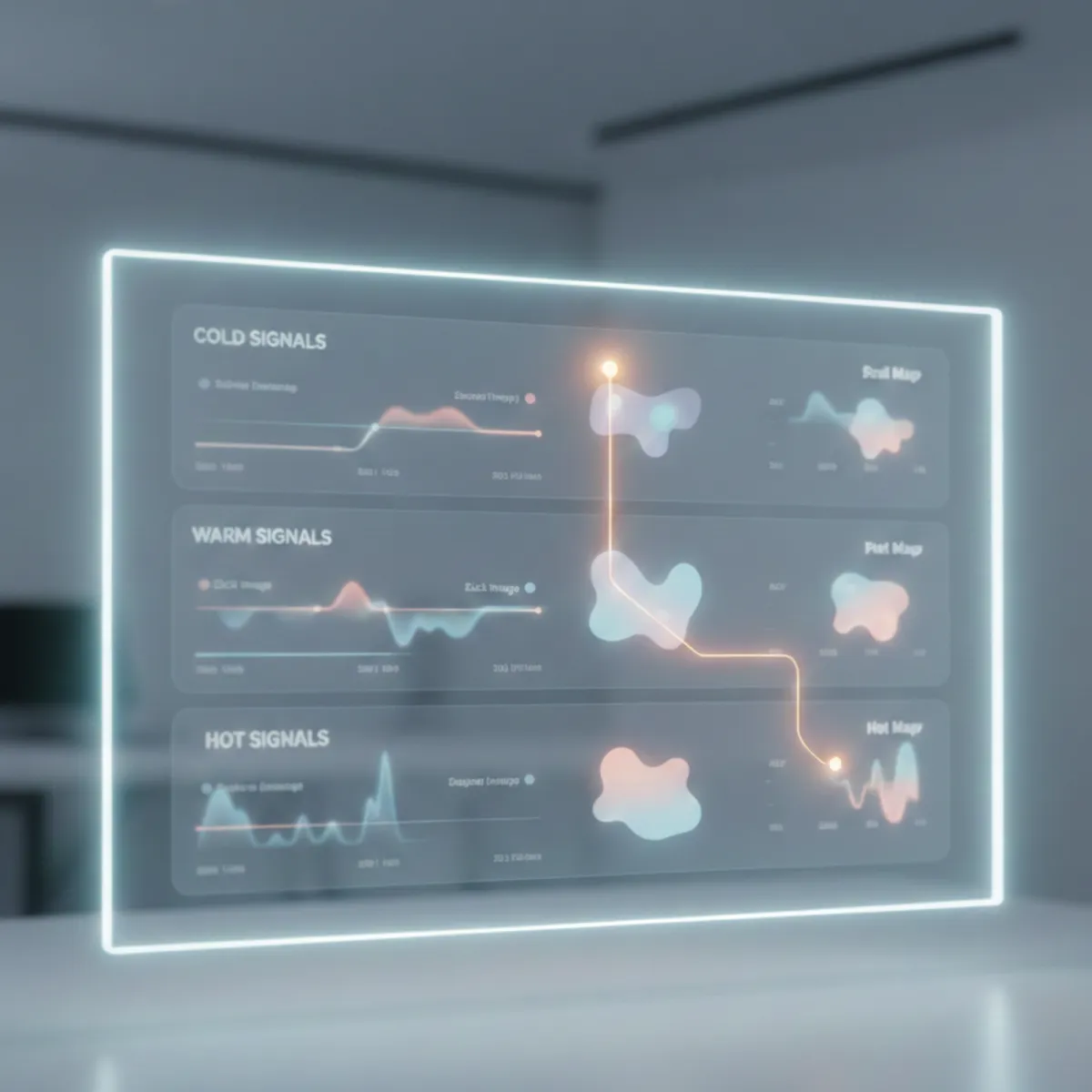A glowing digital screen displays a segmented behavior dashboard with three labeled sections: Cold Signals, Warm Signals, and Hot Signals. Each section features fluid data visualizations, line graphs, and heat maps representing audience engagement at different stages of intent. A highlighted orange path visually connects the segments, indicating a user journey from cold to hot. The interface is set against a blurred modern office background, evoking clarity, targeting, and data-driven audience segmentation.
