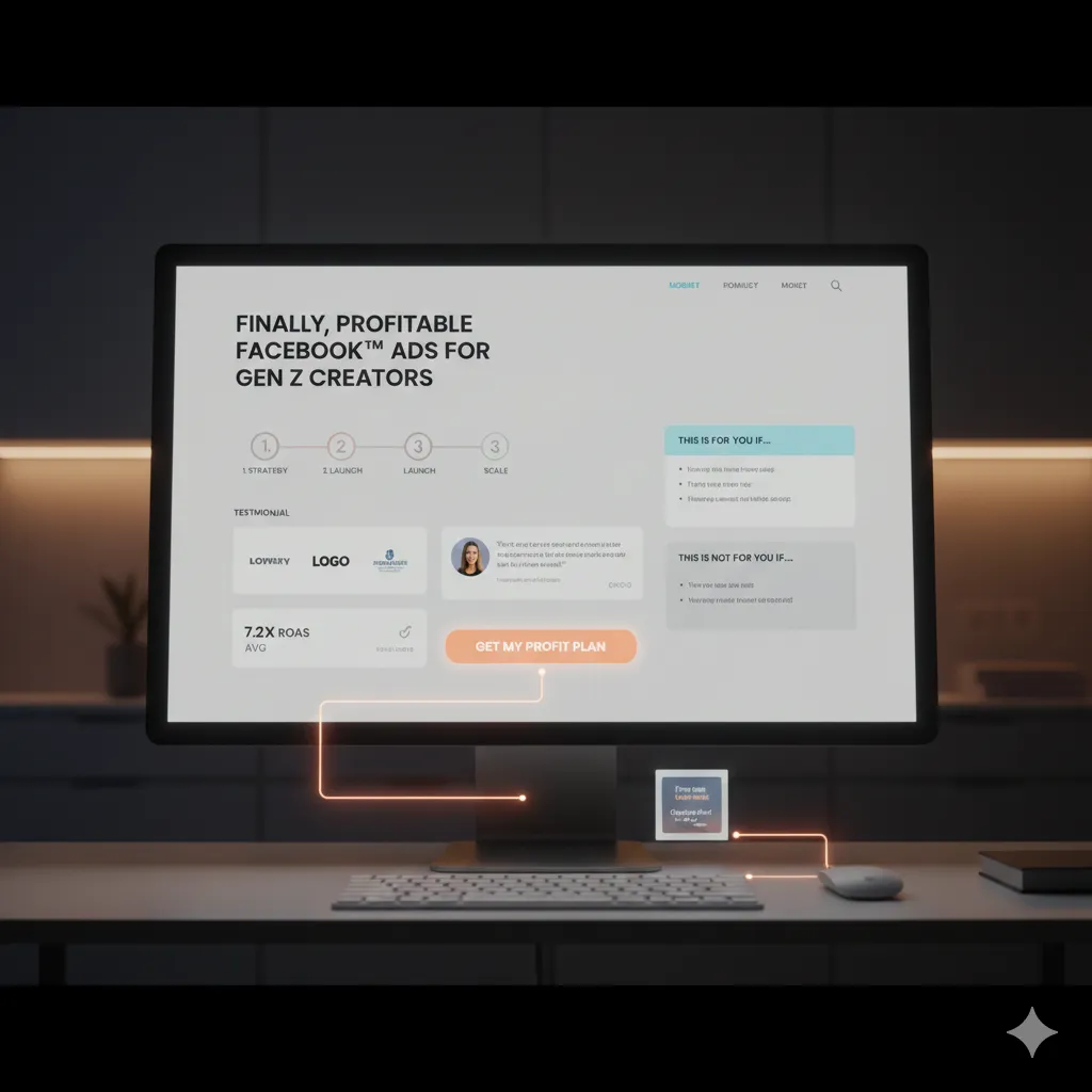 A desktop monitor displays a high-converting homepage designed for a specific audience—Gen Z creators. The page headline reads “Finally, Profitable Facebook™ Ads for Gen Z Creators,” followed by a 3-step process diagram labeled Strategy, Launch, and Scale. Below it are client logos, a testimonial, and a bold orange CTA button that says “Get My Profit Plan.” On the right, a clear “This is for you / This is not for you” box helps segment the audience. The interface is clean, minimal, and behavior-driven, reflecting clarity, focus, and single-audience targeting. A small guide preview appears next to the monitor, aligned with the CTA.