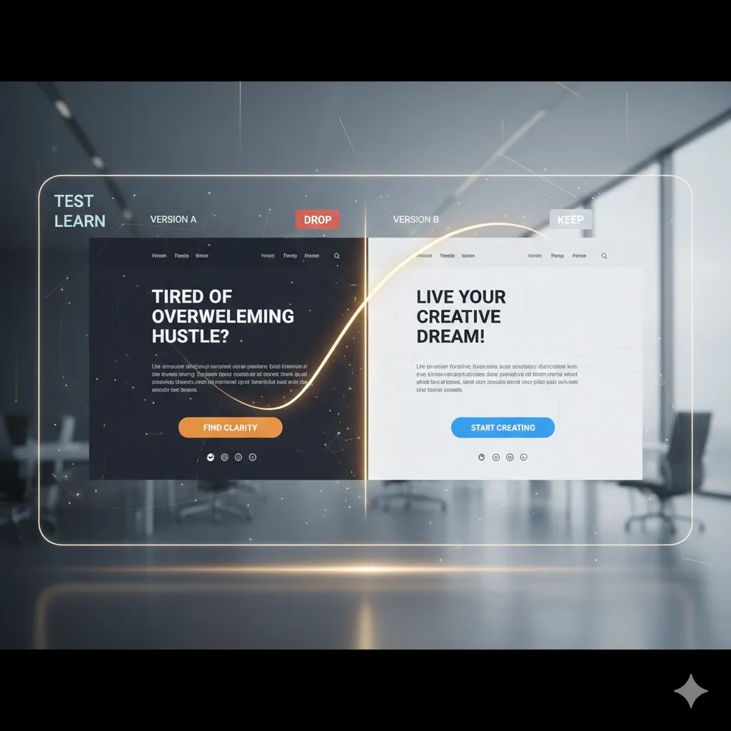 A futuristic split-screen digital interface shows an A/B test between two landing page versions. On the left, Version A has a dark theme with the headline “Tired of Overwhelming Hustle?” and an orange CTA button labeled “Find Clarity.” On the right, Version B features a light theme with the headline “Live Your Creative Dream!” and a blue CTA button labeled “Start Creating.” A glowing line curves from Version A to Version B, indicating the winning variation. Labels above read “Test,” “Learn,” “Drop,” and “Keep,” symbolizing a behavior-driven A/B testing process for headlines and CTAs. The background shows a modern office setting with a clean, professional tone.