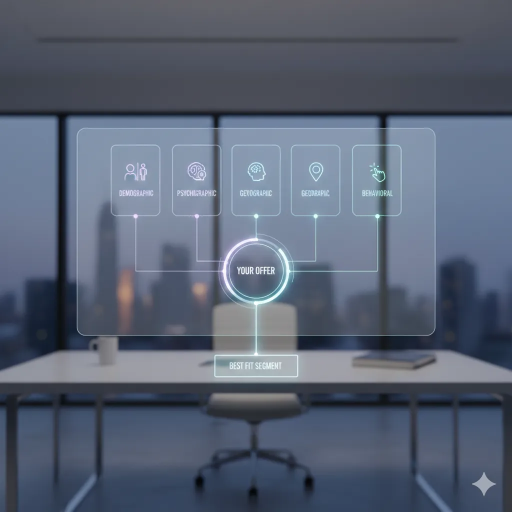A sleek digital decision-tree interface floats above a modern office desk with a city skyline in the background. Four segmentation categories—Demographic, Psychographic, Geographic, and Behavioral—are displayed as glowing panels connected to a central circle labeled “Your Offer.” From the center, a highlighted line flows downward to a box labeled “Best Fit Segment,” visually representing how small businesses choose the right market segmentation method based on their offer and goals.