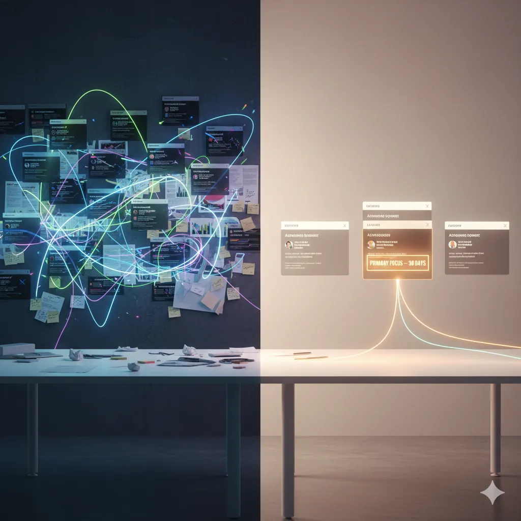 A dramatic split-screen visual contrasts chaotic over-segmentation with focused clarity. On the left, a dark wall cluttered with dozens of overlapping audience cards, sticky notes, and tangled neon data lines represents confusion and too many market segments. On the right, a clean minimalist wall displays three organized segment panels, with one highlighted as “Primary Focus – 30 Days.” Glowing lines flow neatly from the primary segment, symbolizing strategic focus and simplified market segmentation.