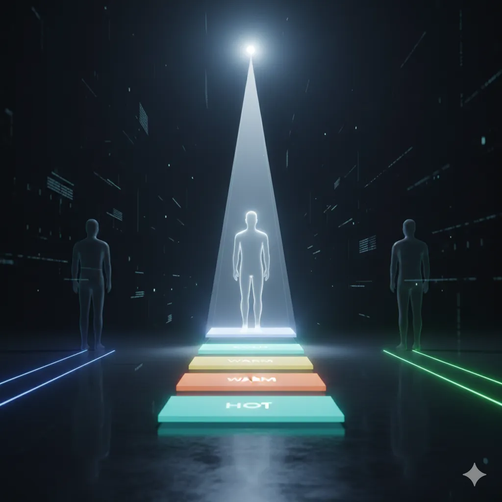 Three glowing audience silhouettes stand in a dark minimalist space, each with a vertical light pathway rising in three ascending levels to represent cold, warm, and hot offers. One silhouette and its pathway are brightly illuminated, while the others are dimmed and blurred, symbolizing focused messaging and a single primary target segment. The scene conveys clarity, progression, and aligned offers without visible text.