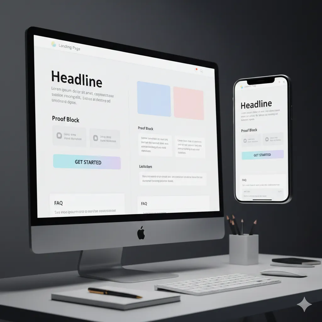 A modern landing page wireframe is displayed side by side on a desktop monitor and a vertical smartphone screen, highlighting a mobile-first design. The layout features a bold headline, a short supporting section, a proof block placed near a single large glowing CTA button, and a compact FAQ section below. The interface uses generous white space, soft ambient lighting, and subtle pastel tones, emphasizing a clean, focused conversion path with one primary call to action.