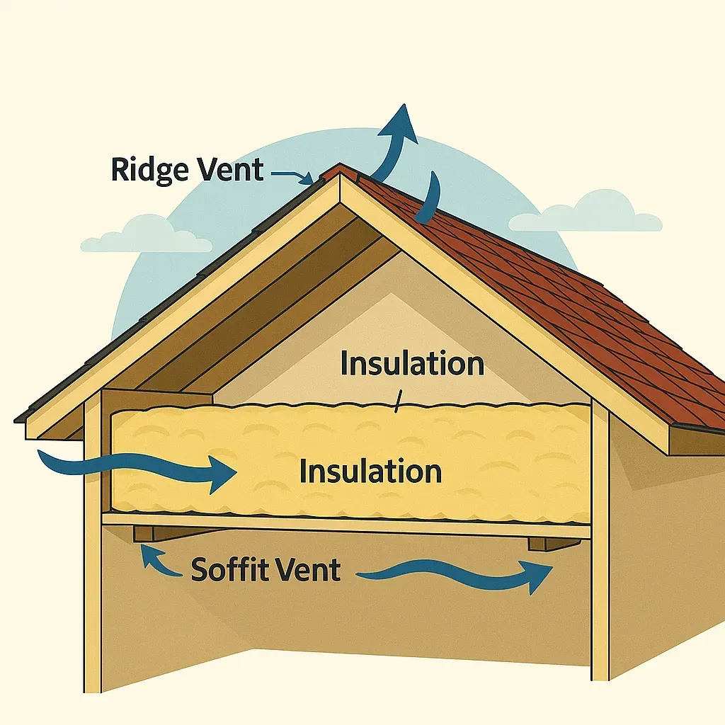 Diagram showing roof ventilation and insulation working together to maintain attic airflow and temperature