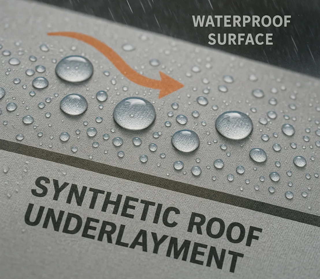 Water beading off synthetic roof underlayment showing waterproof surface