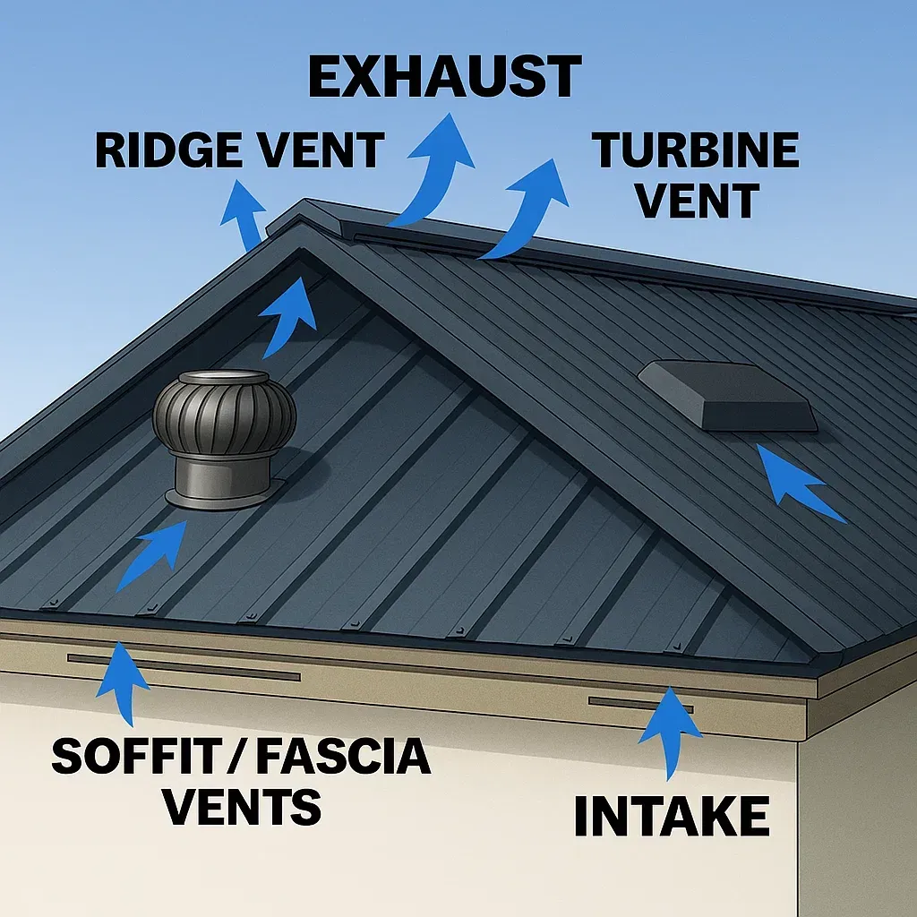 Metal roof with ridge and soffit vents illustrating attic ventilation airflow