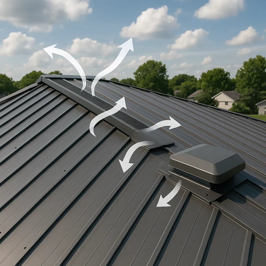 Metal roof with ridge vents and airflow illustration showing proper roof ventilation system in a residential home.