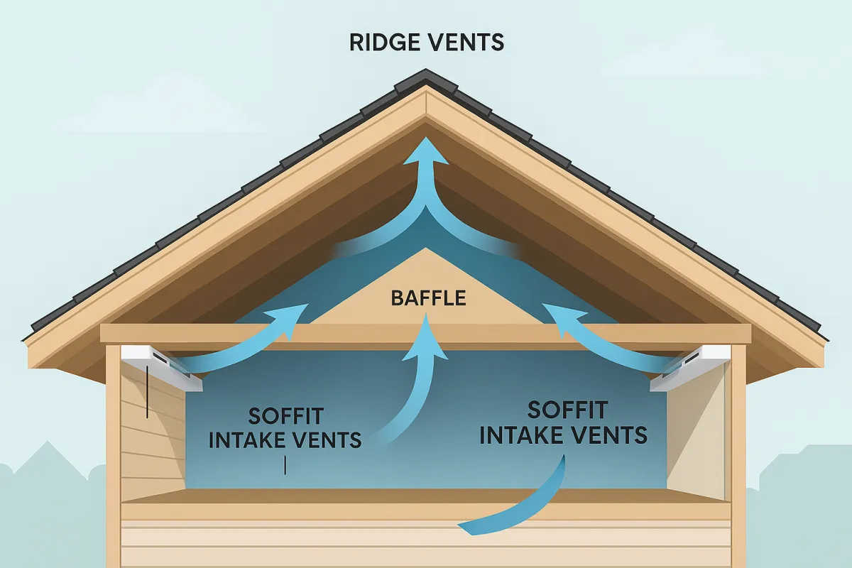 Diagram of house roof ventilation system showing airflow from soffit intake vents through attic to ridge vent exhaust.