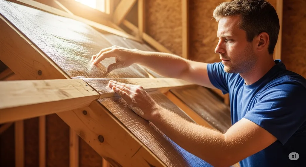 Contractor installing radiant barrier insulation in a bright attic