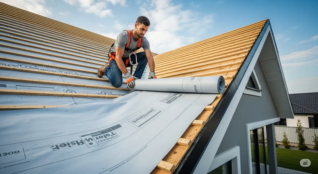 Roofer installing synthetic underlayment on a modern house roof under clear sky