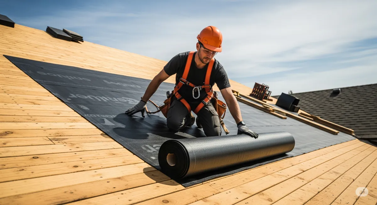 Professional roofer installing waterproof roof underlayment on residential house for maximum water protection
