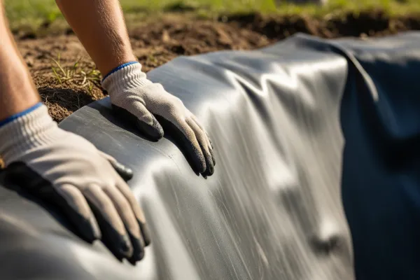 EPDM pond liner being installed in backyard water feature.