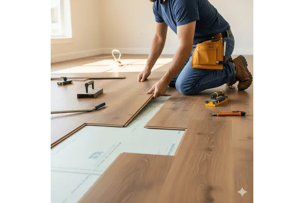Laminate floor underlayment being installed before flooring.