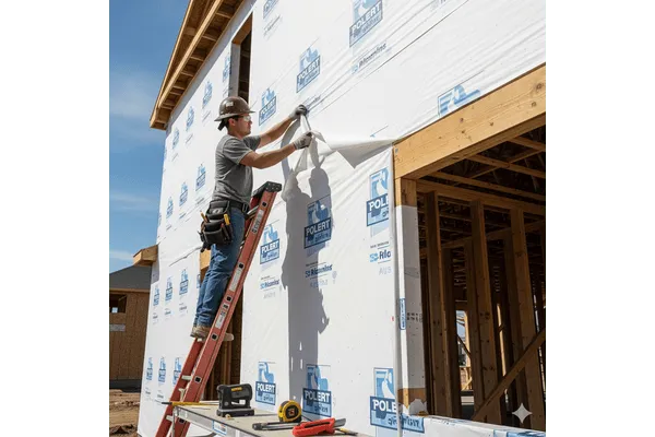 House wrap installation on residential construction site.