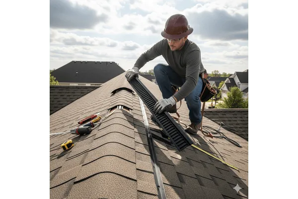 Roofer securing ridge vent at roof peak for attic ventilation.