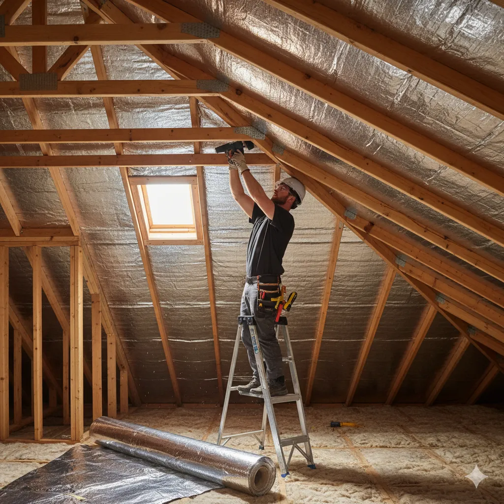 Radiant barrier attic insulation installation in progress