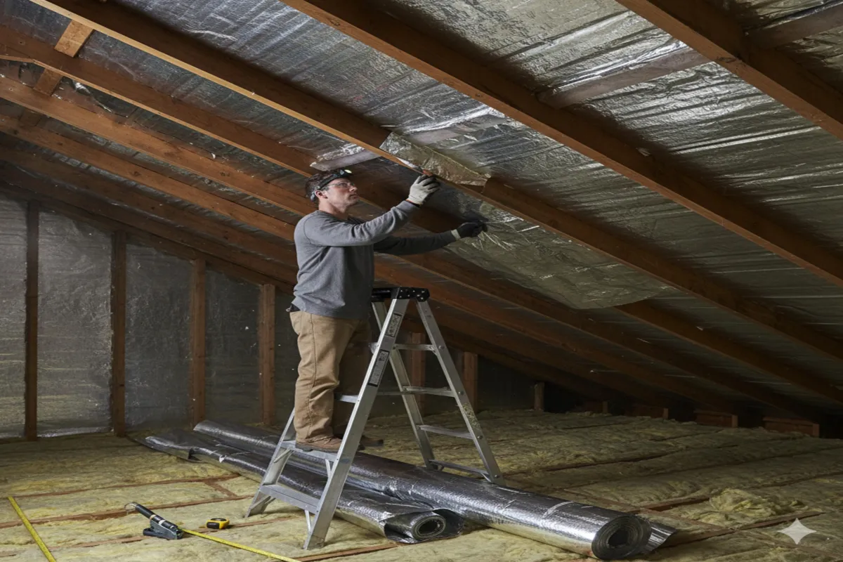 Professional installing radiant barrier insulation in attic ceiling.