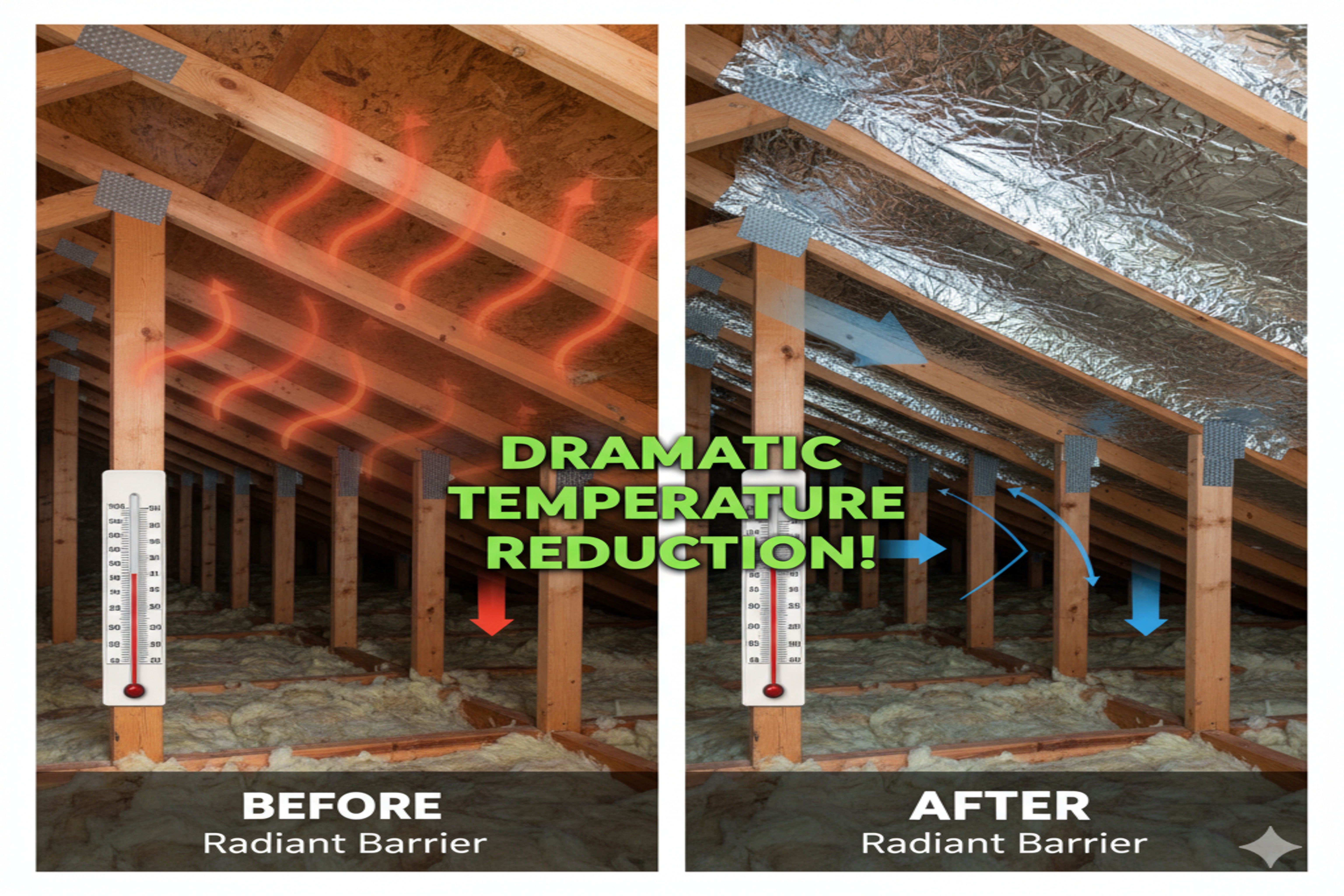 Diagram comparing attic heat with and without radiant barrier insulation.