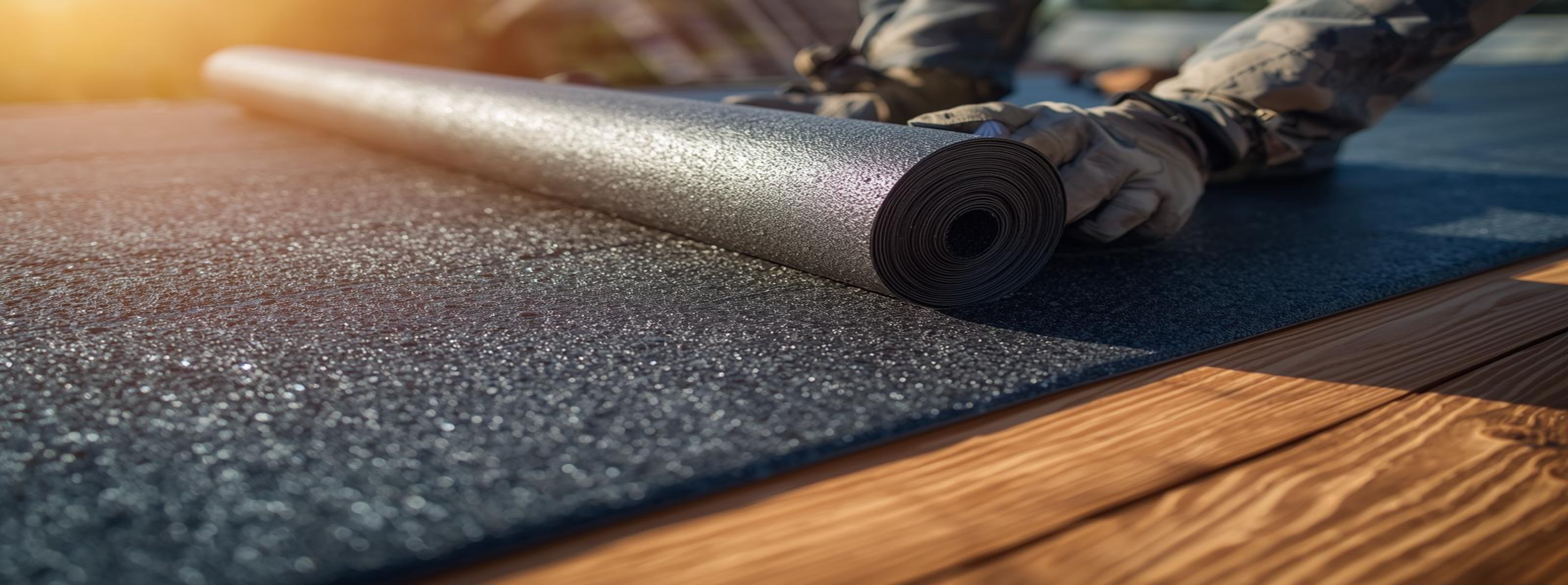 Ice and water shield waterproof membrane being unrolled on a roof deck during installation