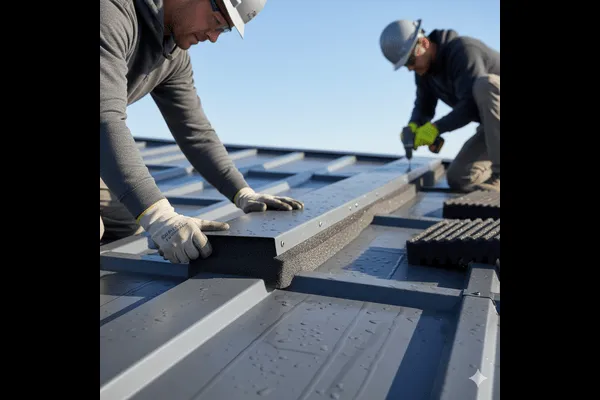 Ridge vent foam being installed on a metal roof ridge during roofing work.