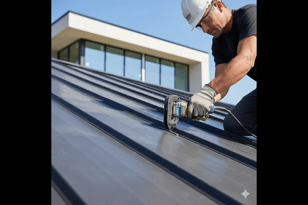 Contractor installing standing seam metal ridge vent on metal roof.