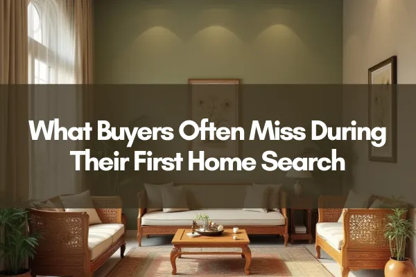 The words "What Buyers Often Miss During Their First Home Search" over a green living room with wicker furniture and greenery.