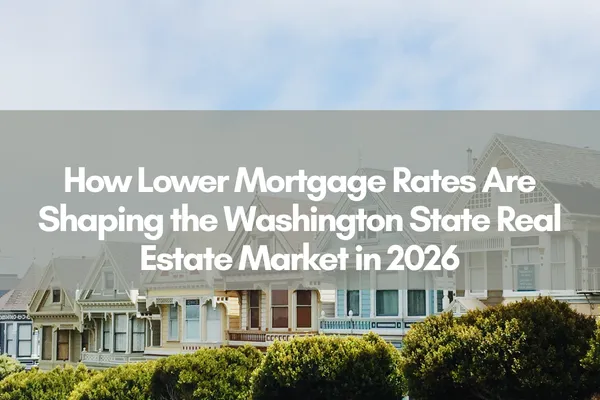 Row of classic Pacific Northwest-style homes in Washington State, with overlaid text reading "How Lower Mortgage Rates Are Shaping the Washington State Real Estate Market in 2026"