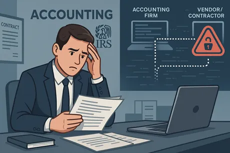 Tax professional reviewing vendor contracts with cybersecurity shield graphic, representing protection from third-party data breaches