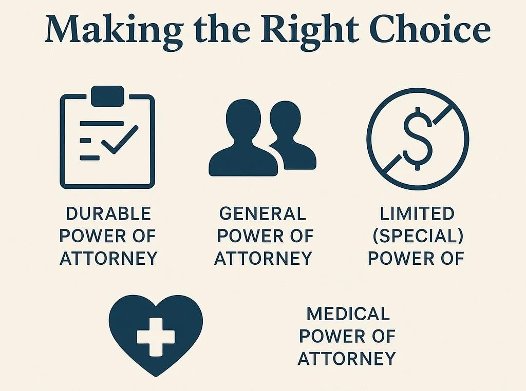 Informational graphic titled 'Making the Right Choice' showing different types of Power of Attorney: Durable, General, Limited (Special), and Medical, each represented with simple icons. A highlighted section at the bottom lists Texas POA requirements, including age, mental capacity, notarization, and witness conditions for medical POAs.