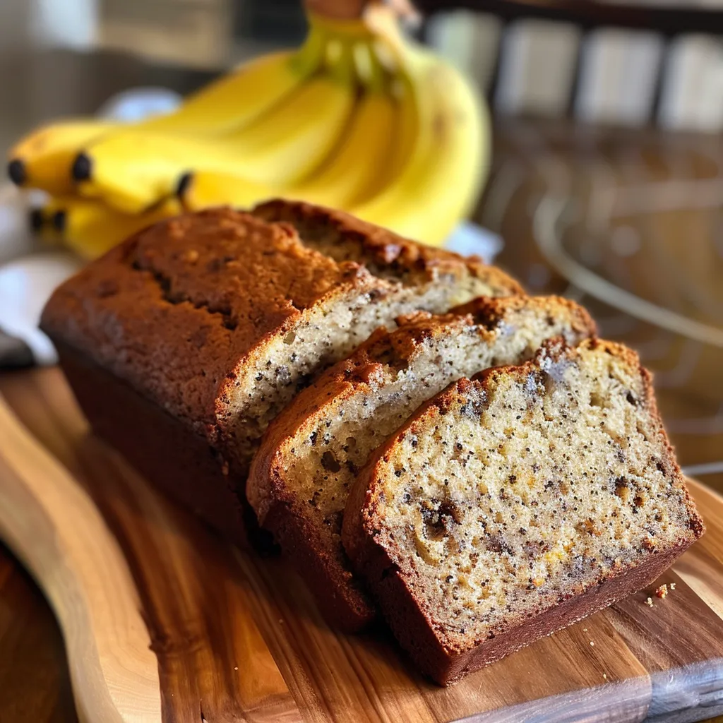 Sliced Banana Bread with bananas in background